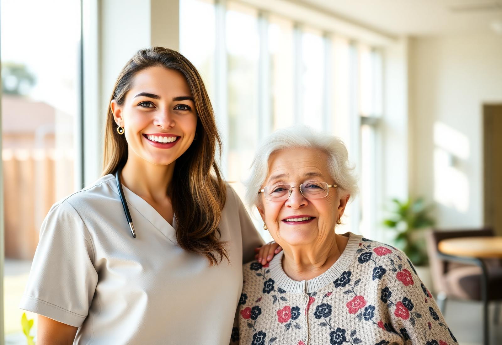 A UK care worker with an elderly Australian resident in a bright Queensland aged-care setting.
